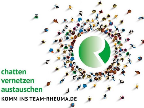 Illustration: stilisierte Figuren, die auf das grüne Logo der Rheuma-Liga zulaufen; im Vordergrund angedeutet die Schlagworte der Plattform „Team Rheuma“: "Chatten, vernetzen, austauschen".