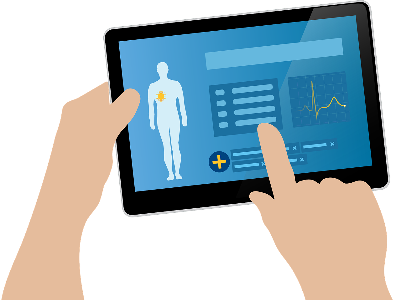Die Illustration zeigt Hände, die ein Tablet halten, auf dem Daten zu einem Menschen wie in einer Patientenakte zu sehen sind. 