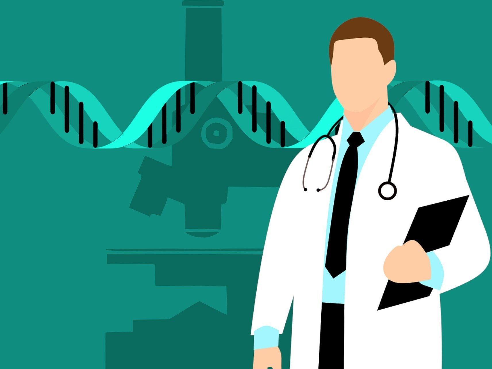Illustration eines Arztes mit einem Klemmbrett im Hintergrund ist ein Mikroskop zu sehen