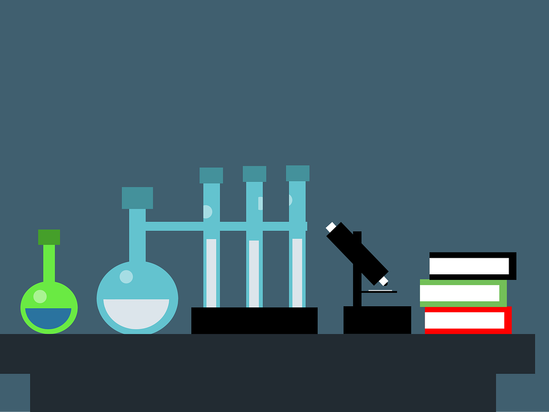 Illustration eines Labors mit Reagenzgläsern und verschiedenen anderen Behältern 